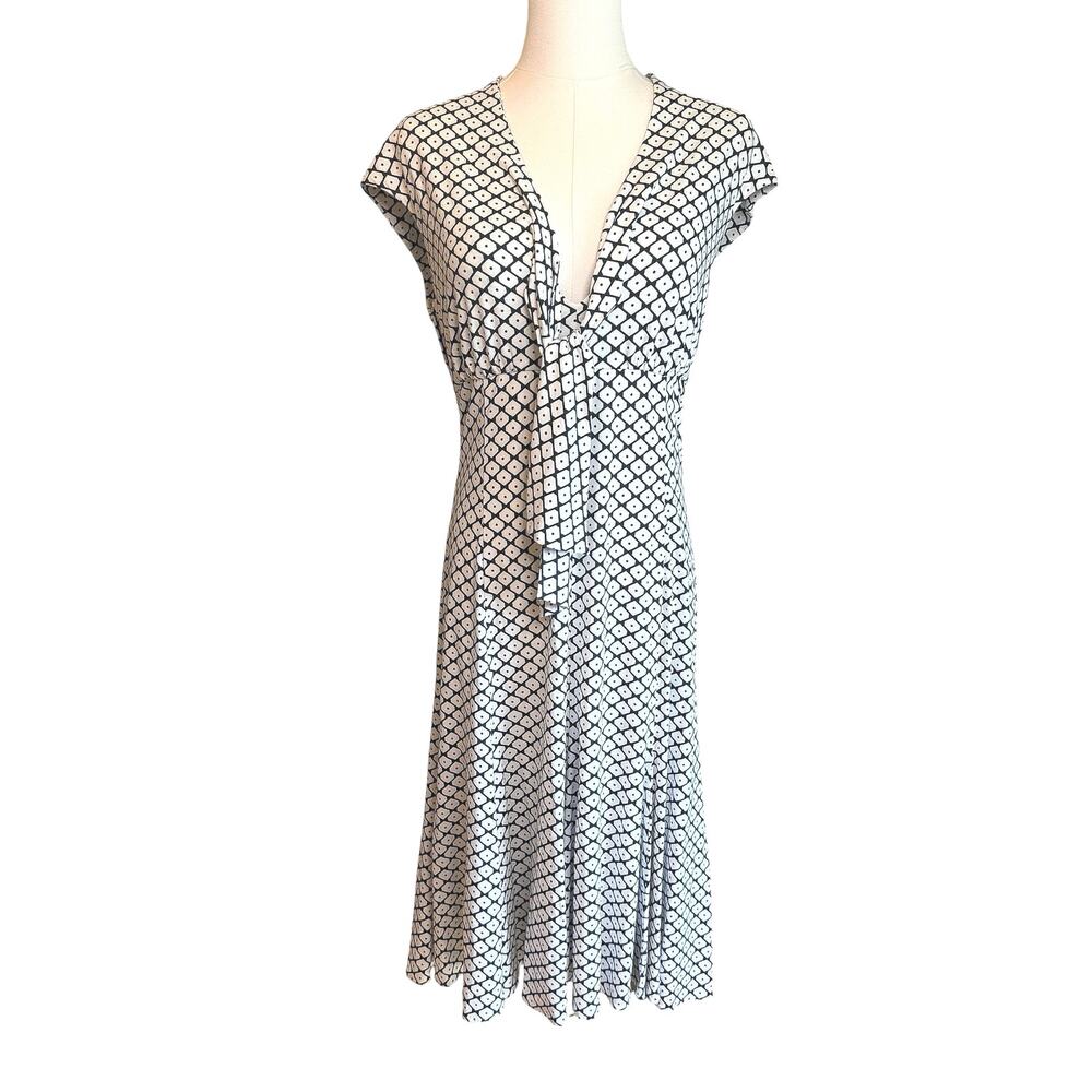 Talbots Stretch Black White Geo Print V Neck Tie Front Cap Sleeve Dress Size 10